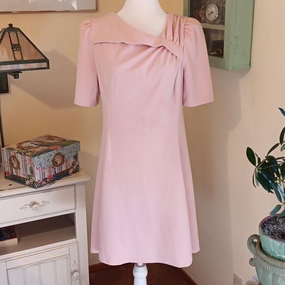NWT DKNY Pink Fold-Over Neck, Fit and Flare Dress.Soft Girl,Old Money. Elegance - Picture 2 of 15
